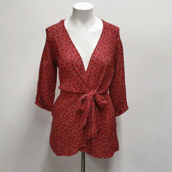 Free People Clara Tie Tunic Dress Red Ditsy Floral Wrap Mini Revolve Women's XS - Picture 1 of 11